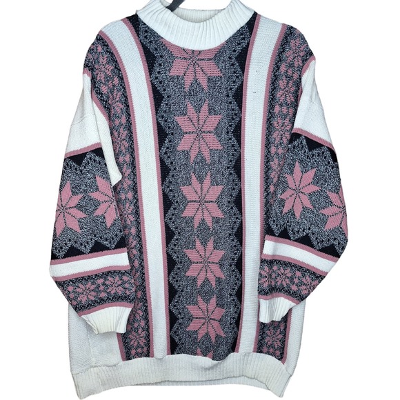 Cut 4 U Vintage oversized grandpa sweater pink white argyle snowflakes thick - Picture 1 of 6